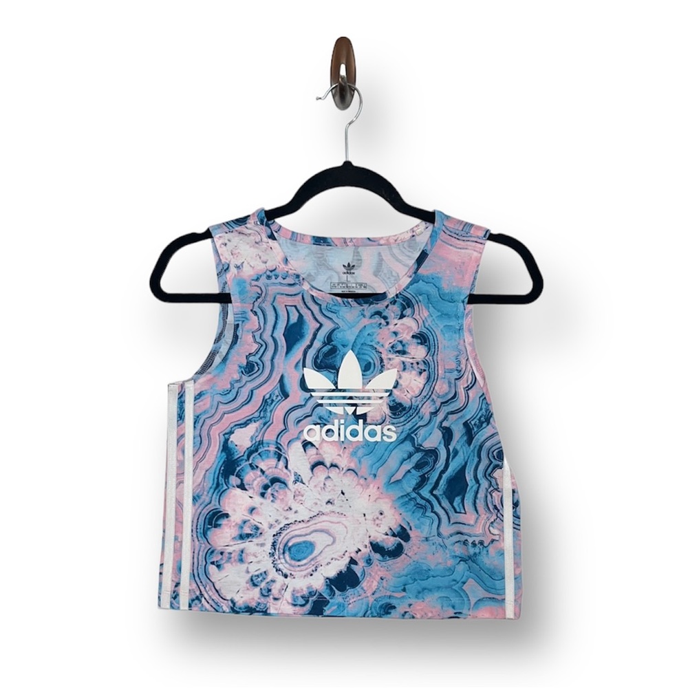Adidas blue, pink, and white tie-dye workout top. Size L (Girls).